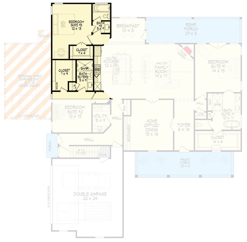 Plan 680599VR: 3-Bed Farmhouse House Plan with Split Beds and Bonus Room - Floor Plan - Optional Bedroom Suite - Country, Farmhouse