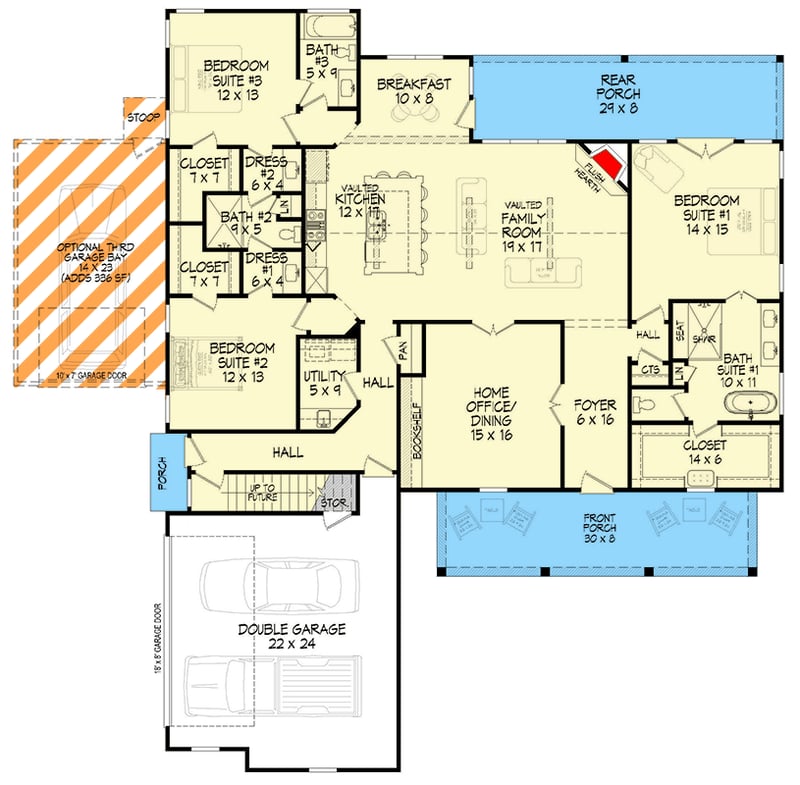 Plan 680599VR: 3-Bed Farmhouse House Plan with Split Beds and Bonus Room - Floor Plan - Main Level - Country, Farmhouse