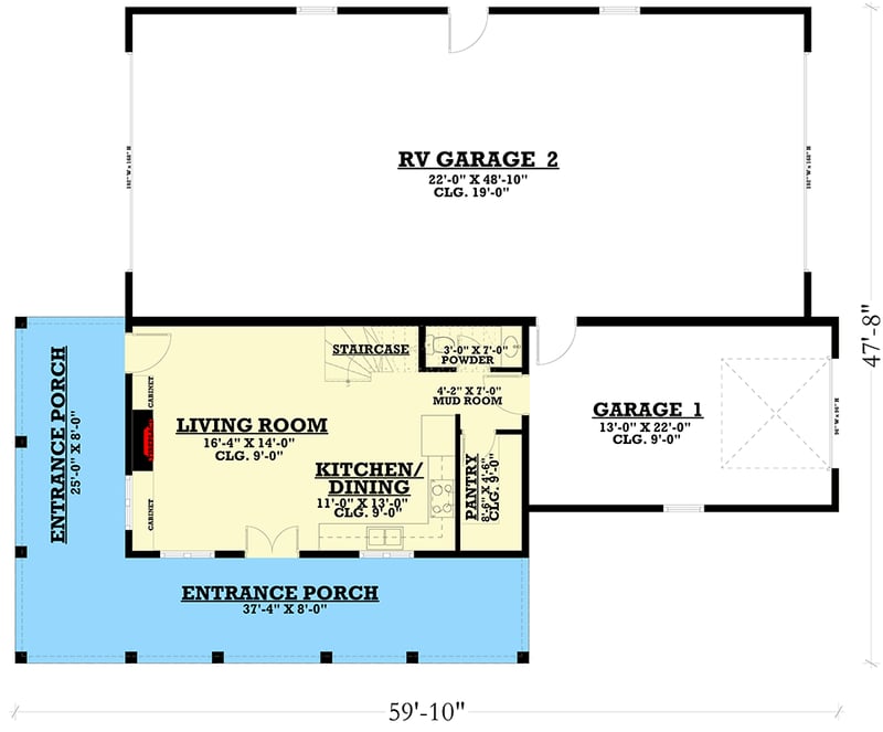 Plan 850013PKE: Stylish Barndominium House Plan with RV Garage and Wrap-Around Porch - Floor Plan - Main Level - Barndominium