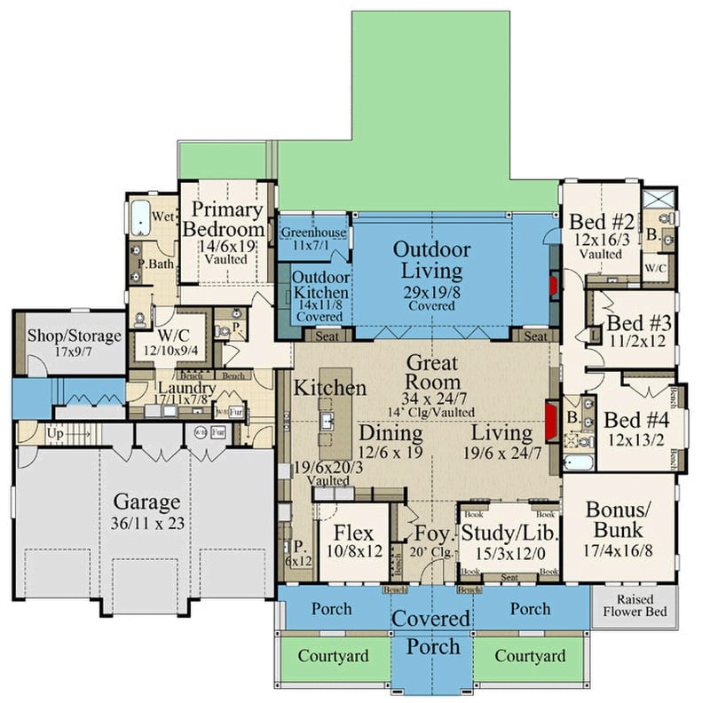 Plan 85475MS: Grand 5-Bedroom Barndominium House Plan with ADU and Outdoor Living - Floor Plan - Main Level - Barndominium, Mountain, Rustic