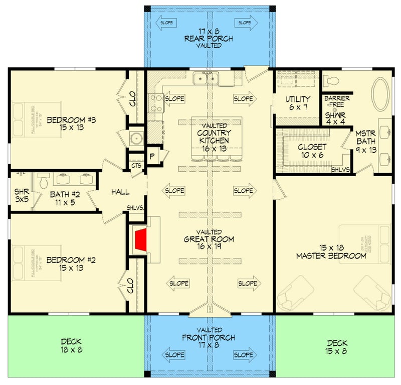 Plan 680602VR: Modern Farmhouse House Plan with Vaulted Great Room and 3 Bedrooms - Floor Plan - Main Level - Cottage, Farmhouse, Modern Farmhouse