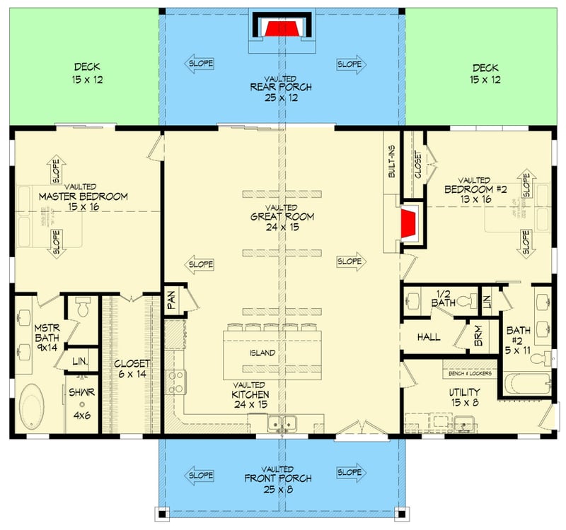 Plan 680603VR: Modern Cottage House Plan with Vaulted Great Room and Dual Decks - Floor Plan - Main Level - Cottage, Mountain, Traditional