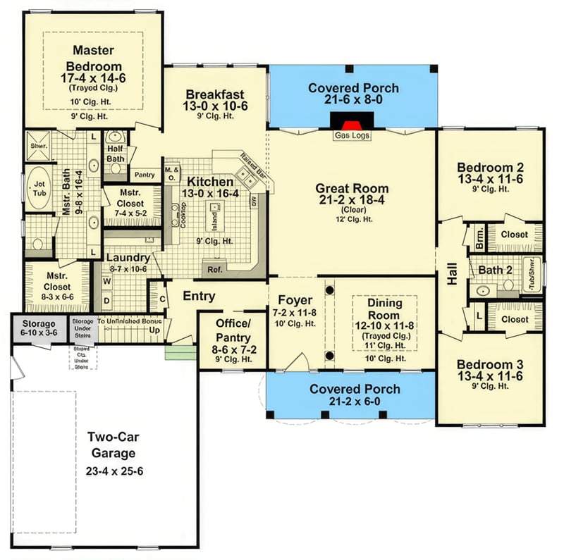 Plan 51283MM: Farmhouse Plan with Open Living, Master on Main and Bonus Room - Floor Plan - Main Level - Country, Farmhouse, New American