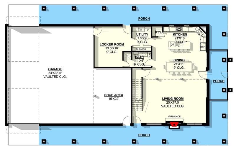 Plan 405037FDC: Modern Barndominium House Plan with Wrap-Around Porch and Vaulted Loft - Floor Plan - Main Level - Barndominium