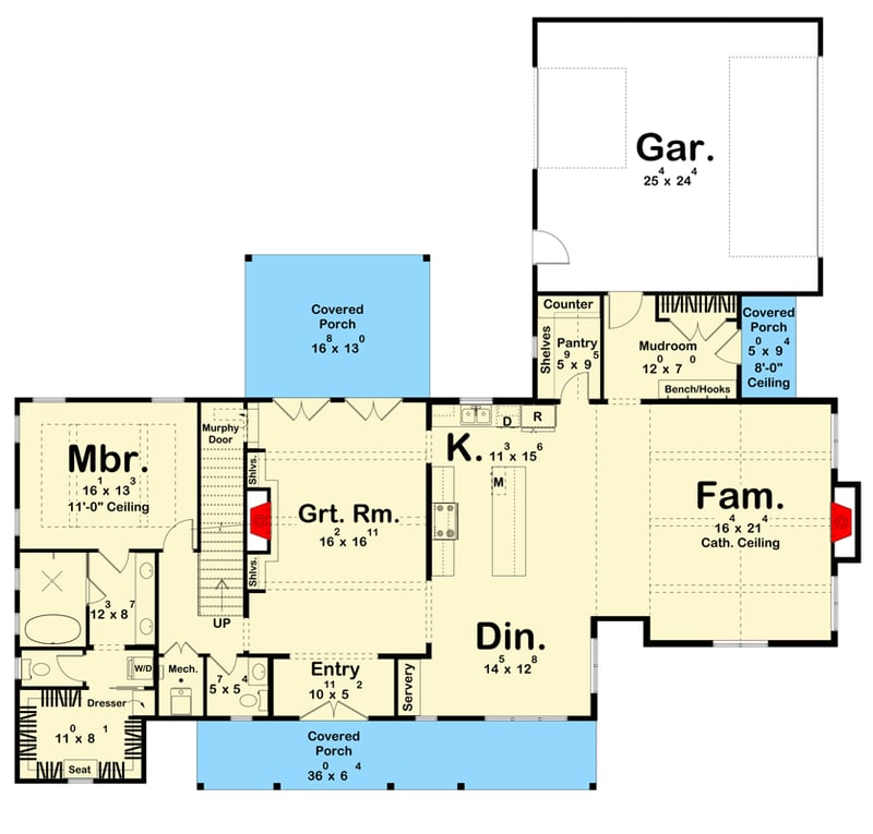 Plan 623551DJ: Chic 4-Bedroom Modern Farmhouse Plan with Main Floor Master Suite - Floor Plan - Main Level - Modern, Modern Farmhouse