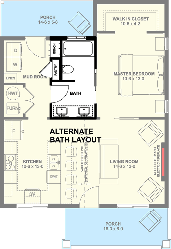 Plan 67846MG: Compact 750 Sq Ft Craftsman Cottage House Plan with Dual Porches - Floor Plan - Alternate Bathroom Layout - Cottage, Country, Craftsman