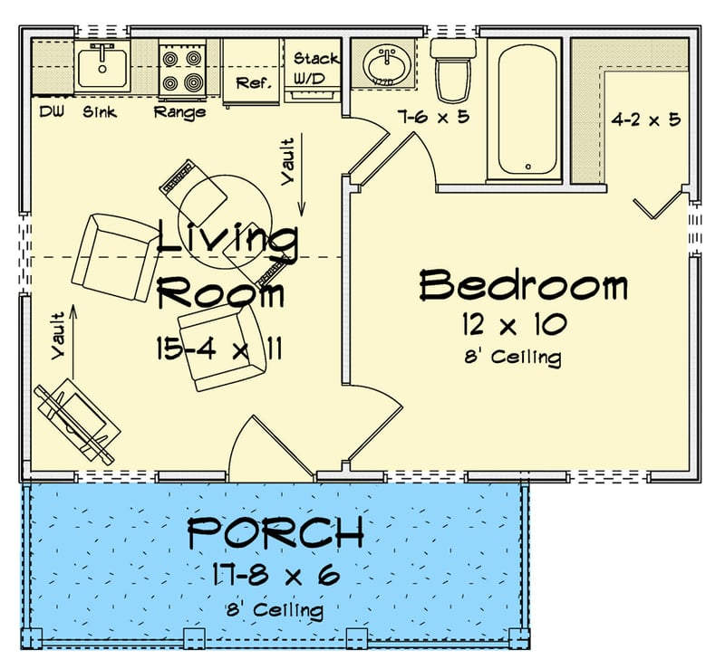 Plan 52468WM: Tiny Cottage House Plan with Vaulted Living and Charming Porch - Floor Plan - Main Level - Cottage, Craftsman