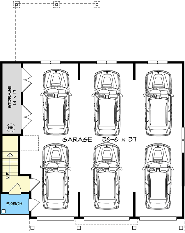 Plan 360123DK: 2-Bedroom Craftsman ADU House Plan with Six-Car Garage - Floor Plan - Main Level - Carriage, Craftsman, Traditional