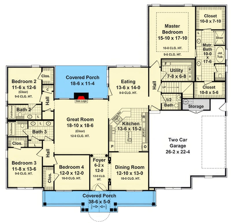 Plan 51290MM: Four-Bedroom New American House Plan with Main-Level Master Suite - Floor Plan - Main Level - Country, Modern Farmhouse, New American, Ranch