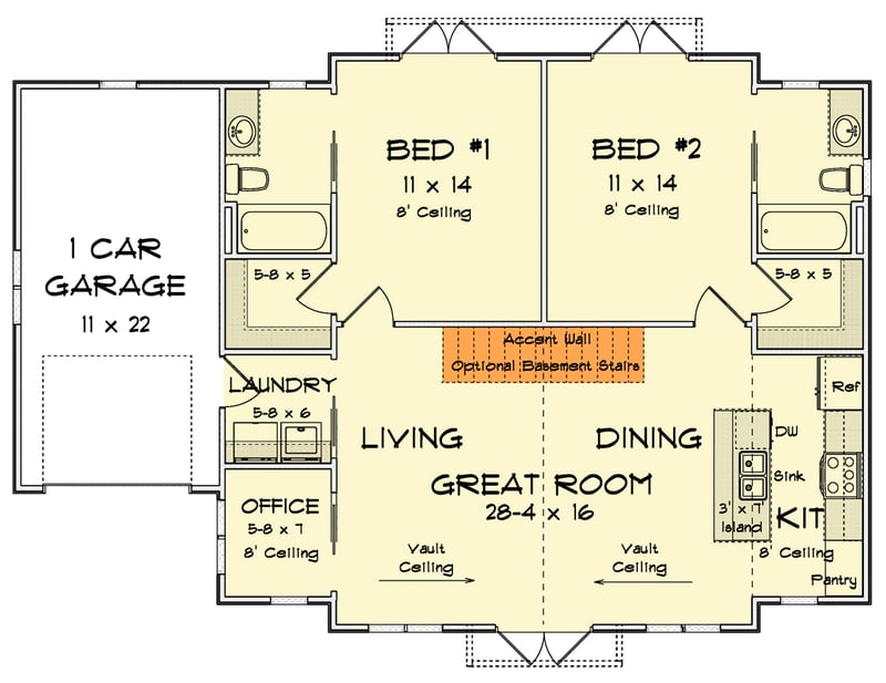 Plan 52471WM: Craftsman Cottage House Plan with Dual Primary Suites and Office - Floor Plan - Main Level - Cottage, Craftsman