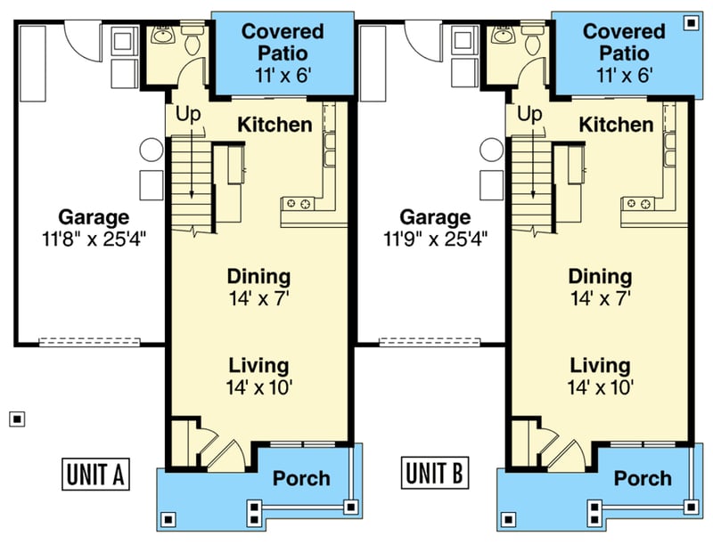 Plan 720145DA: Craftsman Duplex House Plan: 4 Beds, 2 Garages, Covered Patios - Floor Plan - Main Level - Country, Craftsman