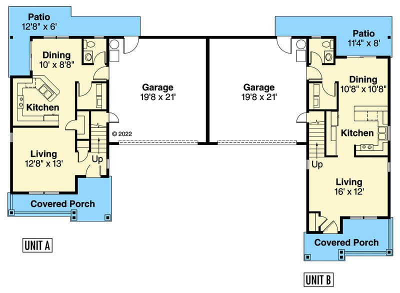 Plan 720146DA: Inviting 8-Bedroom Craftsman Duplex House Plan with Dual Garages and Covered Porches - Floor Plan - Main Level - Cottage, Country, Craftsman, Traditional