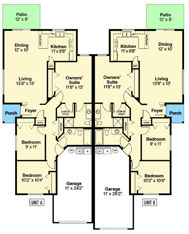 Plan 720147DA: Cottage Duplex House Plan with First Floor Masters - Floor Plan - Main Level - Cottage, New American