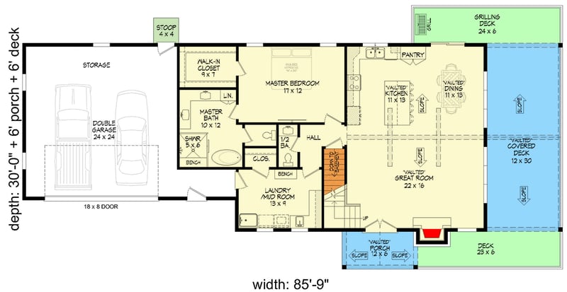 Plan 680614VR: Mountain House Plan with Main Level Master and Vaulted Great Room - Floor Plan - Main Level - Mountain