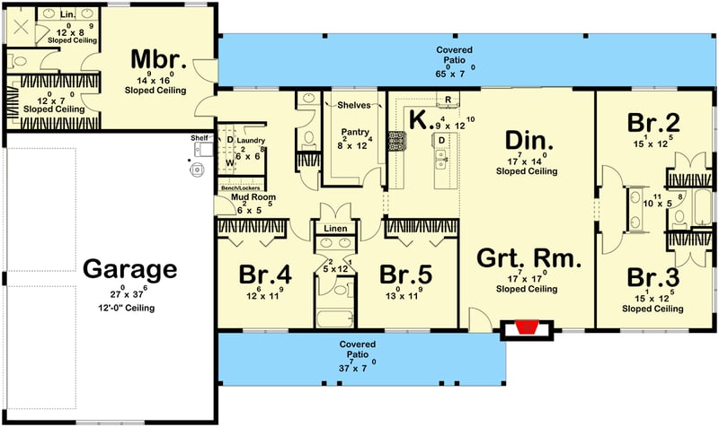 Plan 623552DJ: Modern 5-Bedroom Barndominium House Plan with Split Layout and 4-Car Garage - Floor Plan - Main Level - Barndominium