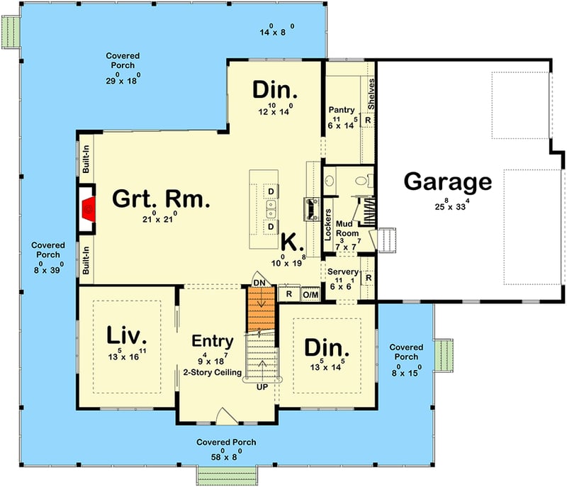 Plan 623553DJ: Elegant Modern Farmhouse House Plan with Wrap-Around Porch and Loft - Floor Plan - Main Level - Farmhouse, Modern Farmhouse