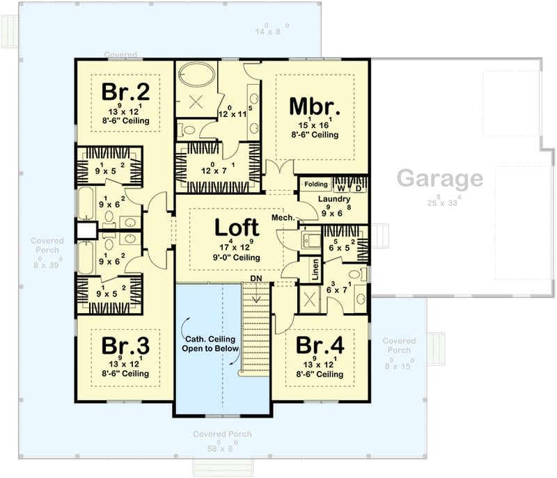 Plan 623553DJ: Elegant Modern Farmhouse House Plan with Wrap-Around Porch and Loft - Floor Plan - 2nd Floor - Farmhouse, Modern Farmhouse