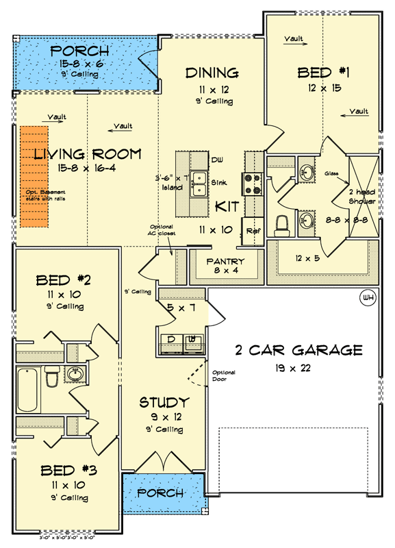 Plan 52474WM: Contemporary 3-Bedroom House Plan with Split Layout and Study - Floor Plan - Main Level - Contemporary, Modern, Prairie