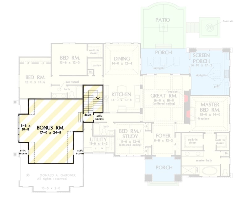 Plan 444429GDN: European 4-Bed House Plan with Open Living, Main-Level Master, and Bonus - Floor Plan - Optionally Finished Bonus Room - European