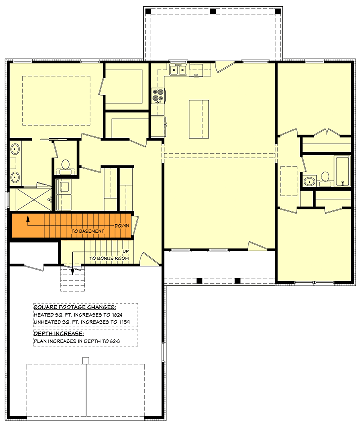 Plan 52014HZ: Modern Farmhouse House Plan with Split Beds and Bonus Room - Floor Plan - Basement Stairs Location - Country, Modern Farmhouse, Traditional