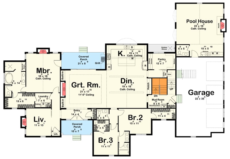 Plan 623554DJ: Luxury Transitional Contemporary Plan with Pool House and Bonus Room - Floor Plan - Basement Stairs Location - Contemporary, Transitional