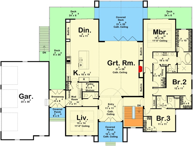 Plan 623556DJ: Modern Contemporary House Plan with Cathedral Great Room and First-Floor Master - Floor Plan - Main Level - Beach, Contemporary, Modern