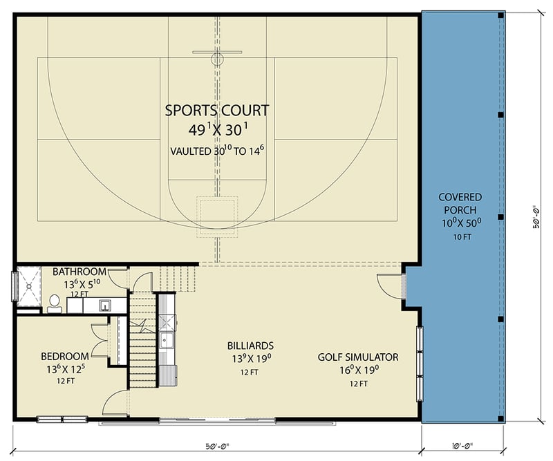 Plan 280248JWD: Modern Barndominium Plan with Indoor Sports Court and Vaulted Loft - Floor Plan - Main Level - Barndominium
