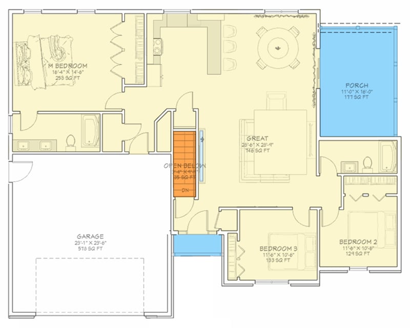 Plan 744518ABR: Traditional Ranch House Plan with 5 Beds, Game Room, and Main Level Master - Floor Plan - Main Level - New American, Ranch, Traditional