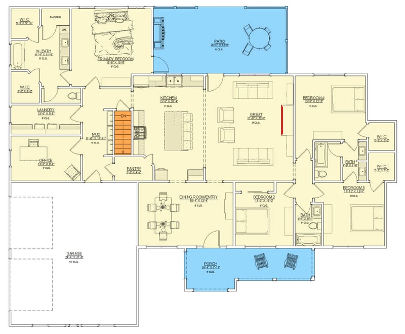 Plan 744519ABR: Four-Bedroom European House Plan with Office and Outdoor Kitchen - Floor Plan - Main Level - European, French Country, Traditional, Transitional
