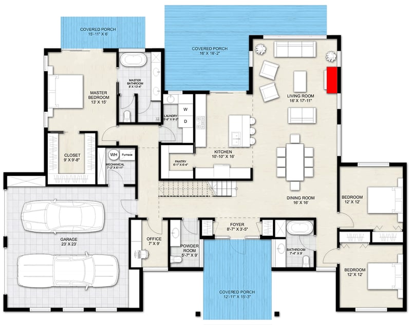 Plan 242006TRU: Modern Mid-Century 3-Bed House Plan with Open Living & Study Loft - Floor Plan - Main Level - Contemporary, Mid Century Modern, Modern, Northwest