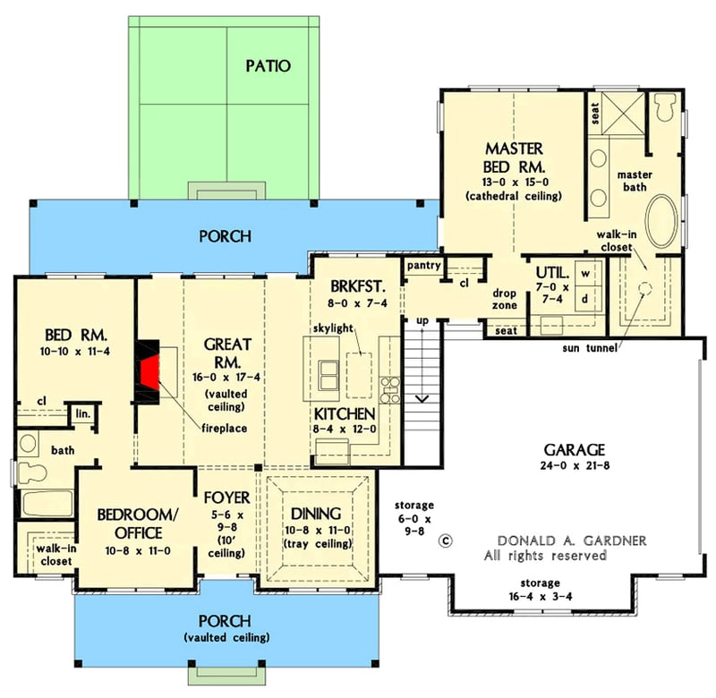 Plan 444436GDN: Modern Farmhouse House Plan: Split Beds, Two-Story Great Room, Front Porch - Floor Plan - Main Level - Modern Farmhouse, New American