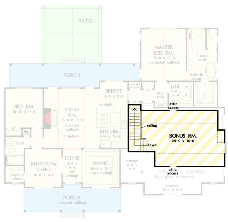 Plan 444436GDN: Modern Farmhouse House Plan: Split Beds, Two-Story Great Room, Front Porch - Floor Plan - Optionally Finished Bonus Room - Modern Farmhouse, New American