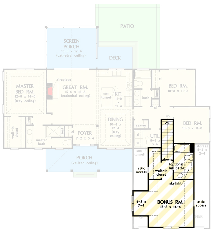 Plan 444438GDN: New American House Plan with Split Bedrooms and Optional Bonus - Floor Plan - Optionally Finished Bonus Room - Craftsman, Farmhouse, Modern Farmhouse, New American