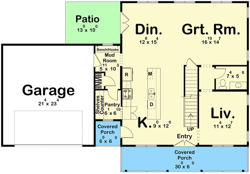 Plan 623558DJ: Charming Farmhouse House Plan with Upstairs Laundry and Butler's Pantry - Floor Plan - Main Level - Slab/Crawl Option ($ Paid Option) - Farmhouse