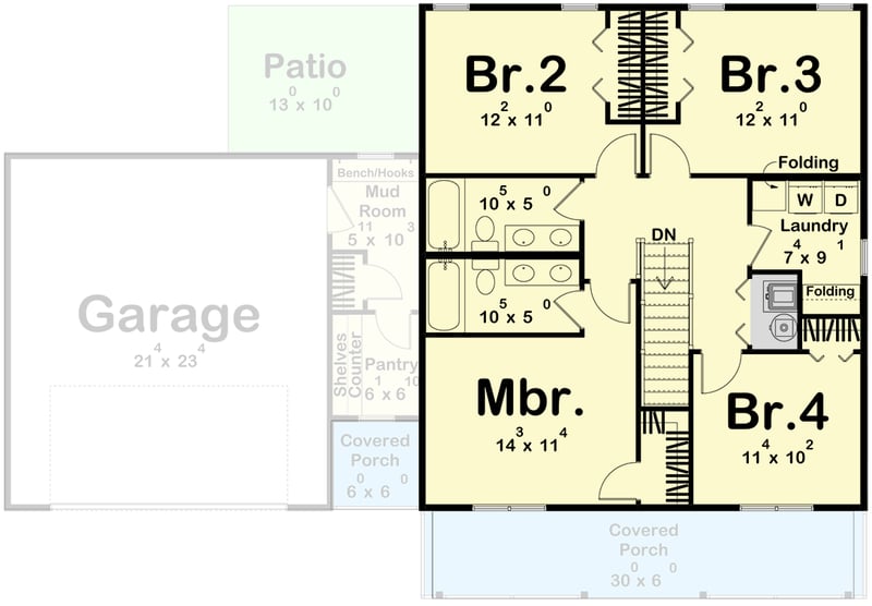 Plan 623558DJ: Charming Farmhouse House Plan with Upstairs Laundry and Butler's Pantry - Floor Plan - Second Level - Slab/Crawl Option ($ Paid Option) - Farmhouse