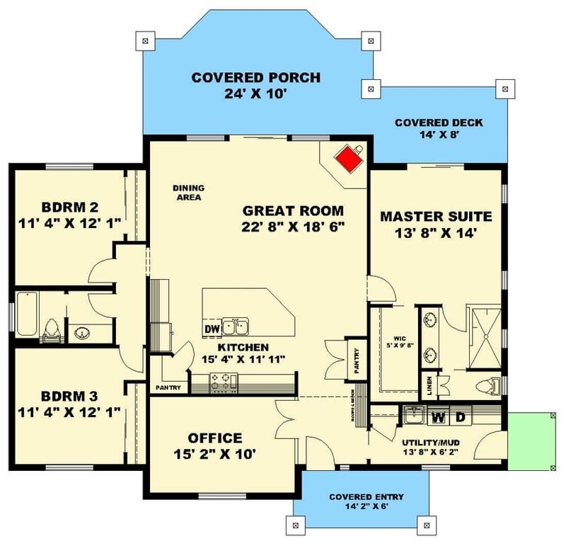 Plan 350151GH: Ranch House Plan with Dedicated Home Office and Covered Porch - Floor Plan - Main Level - Ranch, Traditional
