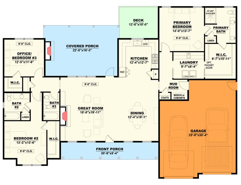 Plan 810052RBT: Modern Farmhouse Plan with Two Master Suites and Covered Porch - Floor Plan -  2-Car Front Garage (Paid Option $$$) - Country, Modern Farmhouse, New American