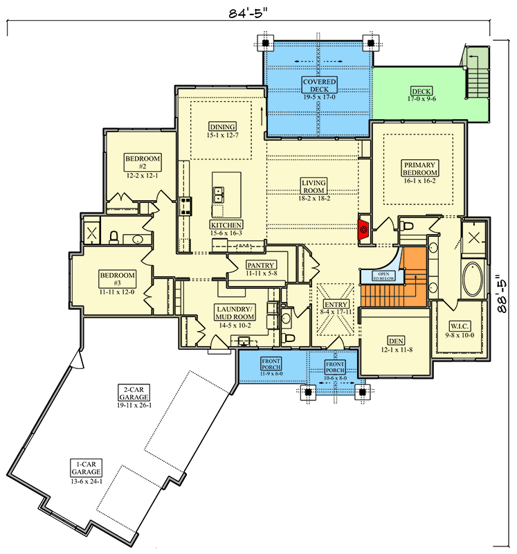Plan 95320RW: Elegant Craftsman House Plan with Angled 3-Car Garage and Den - Floor Plan - Main Level - Craftsman, Mountain, New American