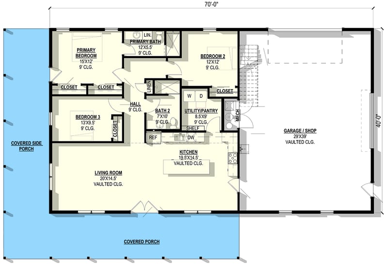 Plan 405050FDC: Modern Barndominium House Plan: Vaulted Living, Wrap-Around Porch, 3-Car Shop - Floor Plan - Main Level - Barndominium