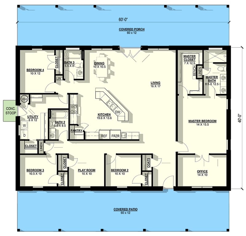 Plan 405051FDC: Modern Barndominium House Plan with 4 Beds, Home Office and Covered Porches - Floor Plan - Main Level - Barndominium