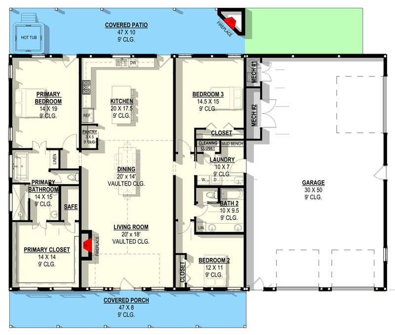 Plan 405056FDC: Spacious Farmhouse Barndominium with Vaulted Living Spaces - Floor Plan - Main Level - Barndominium, Farmhouse