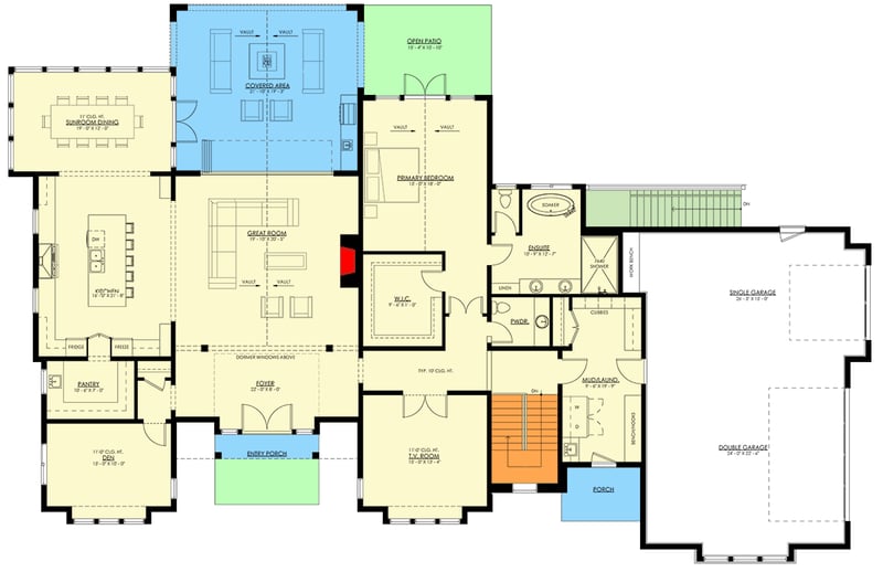 Plan 270121AF: Spacious Transitional Ranch House Plan with Vaulted Ceilings and 3-Car Garage - Floor Plan - Main Level - Ranch, Transitional