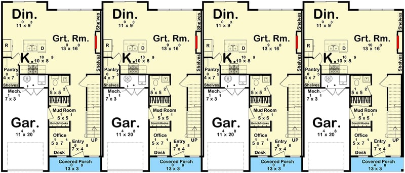 Plan 623560DJ: Modern 3-Bedroom Townhouse Quadplex Plan with Home Office and Upstairs Master - Floor Plan - Main Level - Contemporary, Modern