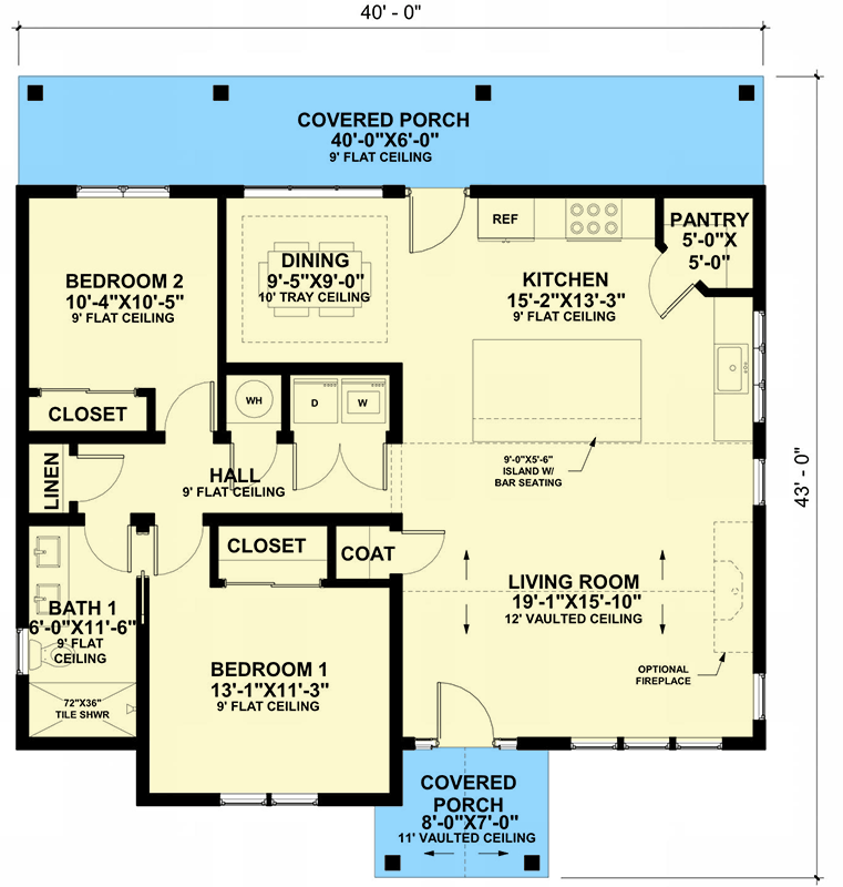 Plan 421031HFC: 2-Bed New American House Plan with Vaulted Living and Dual Porches - Floor Plan - Main Level - Cottage, Craftsman, New American