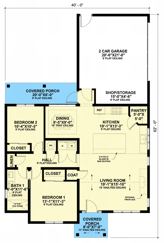 Plan 421032HFC: 2-Bed New American House Plan with Vaulted Living and Attached 2-Car Garage - Floor Plan - Main Level - Cottage, Craftsman, New American