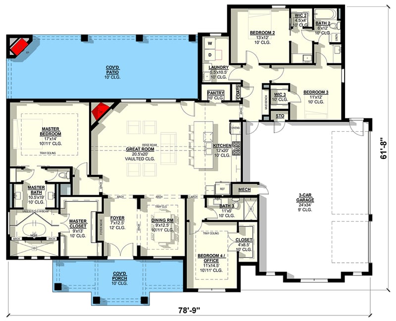 Plan 405068FDC: Southern French Country House Plan with Flex Space and Outdoor Fireplace - Floor Plan - Main Level - French Country, Hill Country, Southern