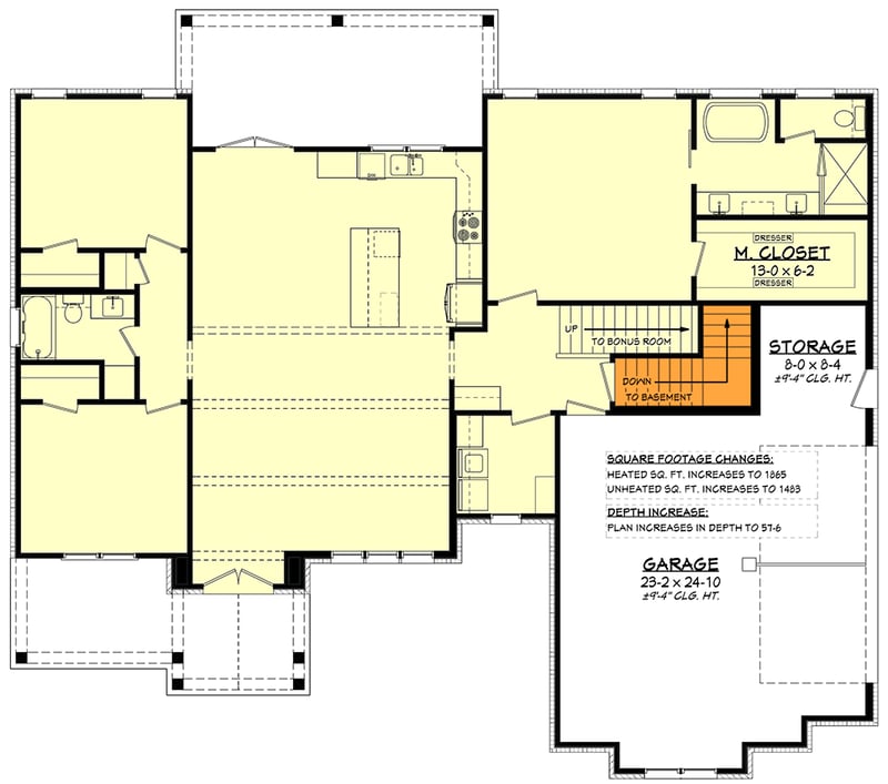 Plan 52016HZ: Modern Farmhouse House Plan with Split Beds and Optional Bonus - Floor Plan - Main Level - Basement Stairs Location - Country, Modern Farmhouse, Traditional
