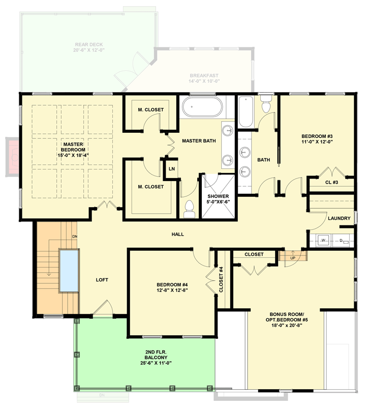 Plan 30097RT: Traditional 4-5 Bed House Plan with Upstairs Master & Balcony - Floor Plan - 2nd Floor - Traditional