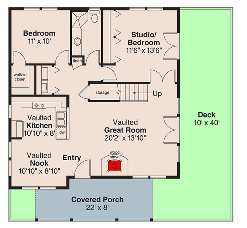 Plan 720155DA: Northwest Cabin House Plan: 3 Beds, Vaulted Great Room, Wrap-Around Porch - Floor Plan - Main Level - Cabin, Northwest