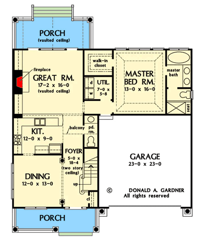 Plan 444441GDN: Charming 3-Bed Cottage House Plan with Master on Main and Two-Story Great Room - Floor Plan - Main Level - Cottage, Country, Traditional